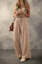 Knotted Straps Textured Drawstring Jumpsuit - Fashionfitz