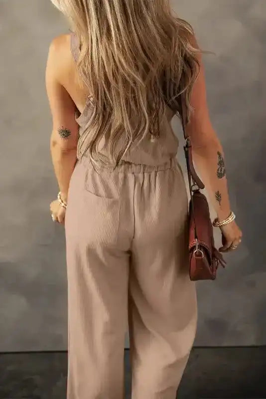 Knotted Straps Textured Drawstring Jumpsuit - Fashionfitz