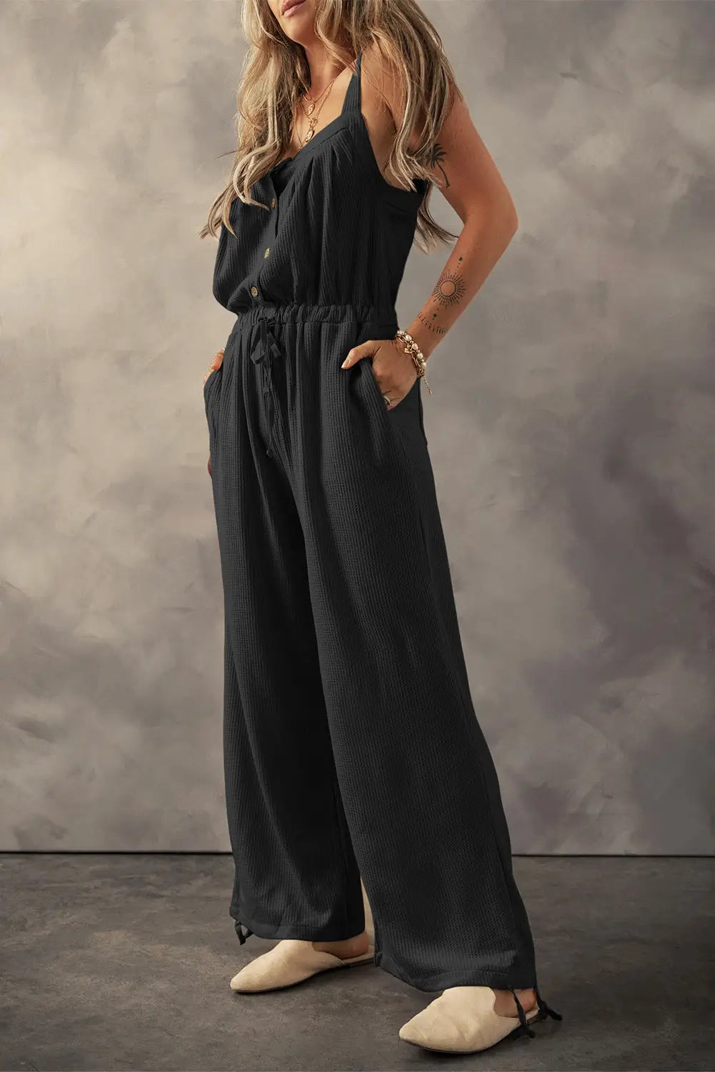 Knotted straps textured drawstring jumpsuit - bottoms