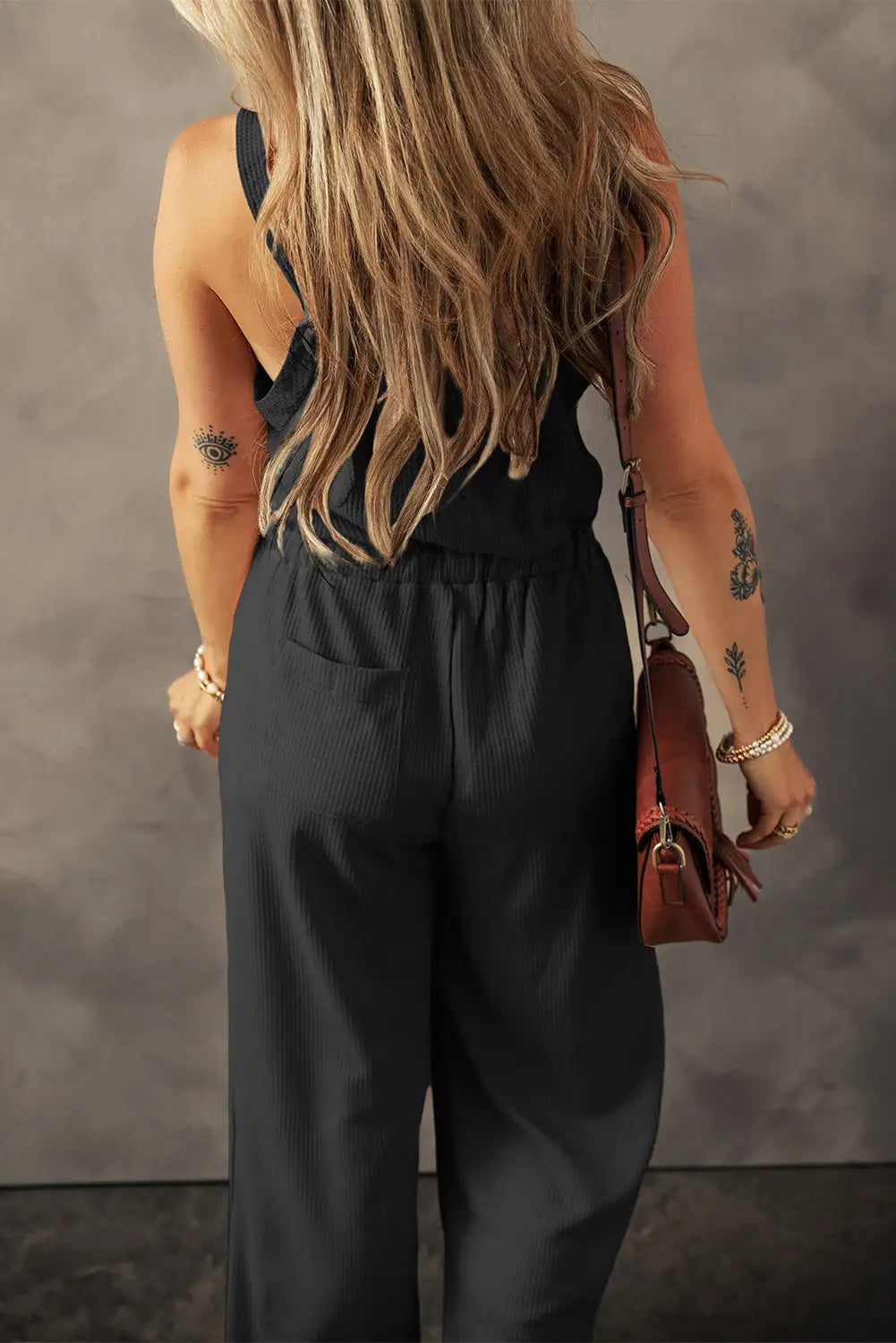 Knotted straps textured drawstring jumpsuit - bottoms