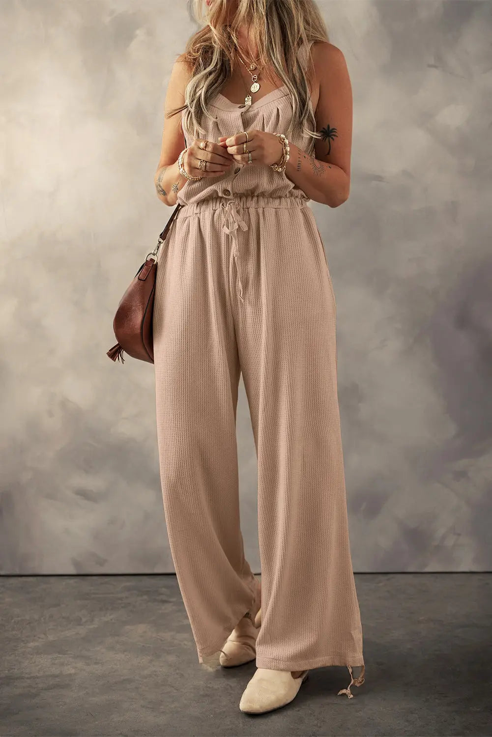 Knotted straps textured drawstring jumpsuit - pale khaki / s / 95% polyester + 5% elastane - bottoms