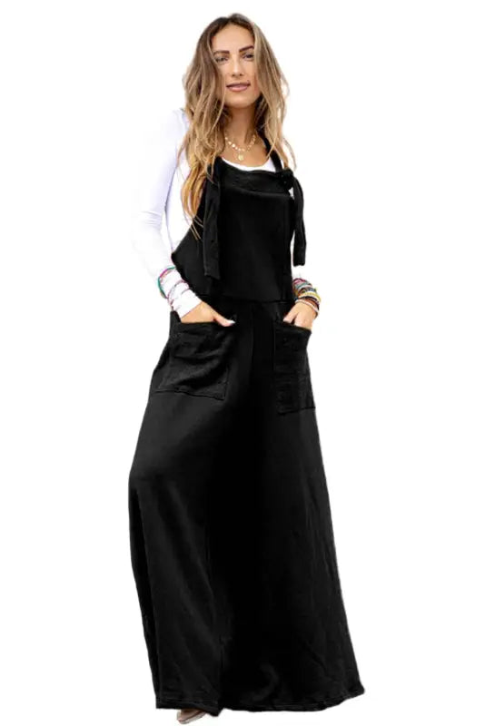 Black knotted straps patch pocket wide leg jumpsuit - jumpsuits & rompers