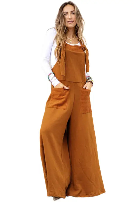 Black knotted straps patch pocket wide leg jumpsuit - jumpsuits & rompers