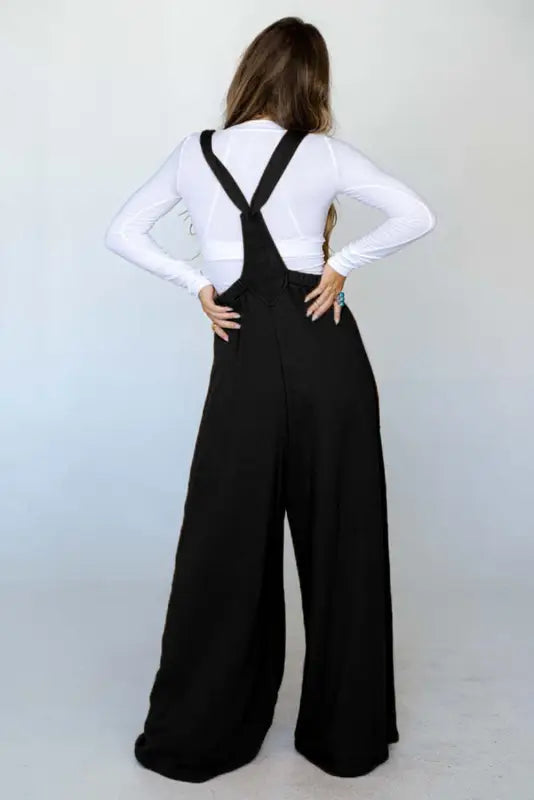 Black knotted straps patch pocket wide leg jumpsuit - jumpsuits & rompers