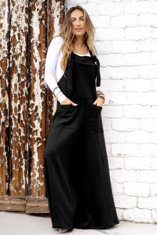 Black knotted straps patch pocket wide leg jumpsuit - jumpsuits & rompers