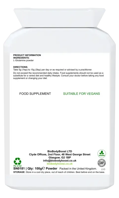 Back label of L-Glutamine Boost showing pure L-glutamine amino acid content and dosage guide with vegan certification