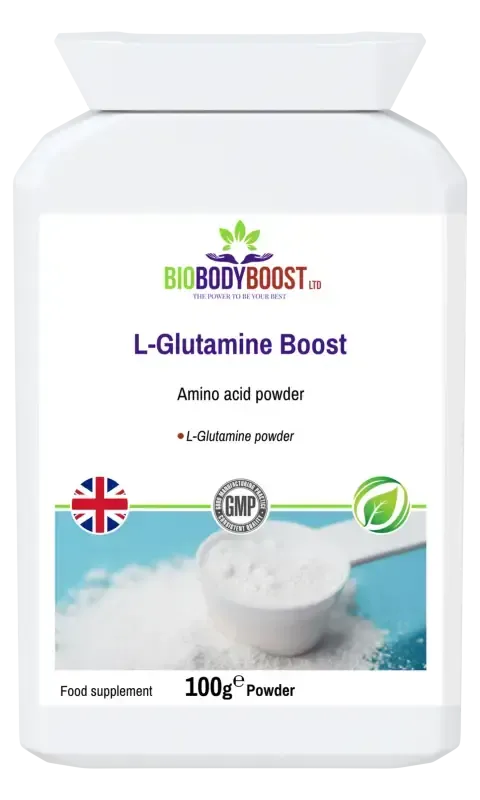 L-Glutamine Boost Amino Acid Supplement — pure L-glutamine for gut lining, muscle recovery and immune health, 90 vegan capsules, BioBodyBoost UK