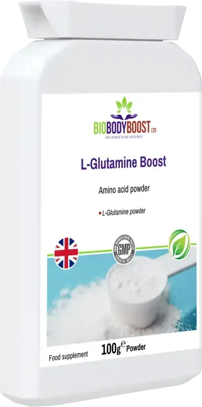 L-Glutamine Boost front-angle view highlighting pure amino acid formula for gut lining and recovery support
