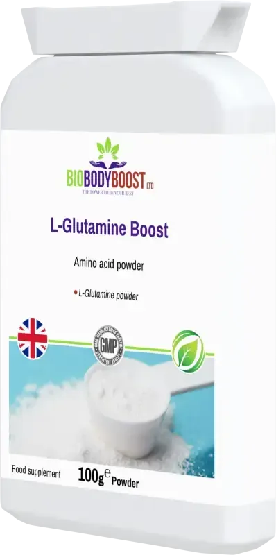 L-Glutamine Boost angled view — amino acid supplement for gut health, muscle support and immune function, BioBodyBoost UK