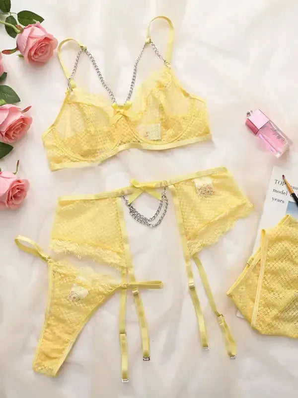 Lace 3 Piece Garter Lingerie Set - Fashionfitz