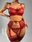 Lace 3 piece garter lingerie set - wine red / s - sets