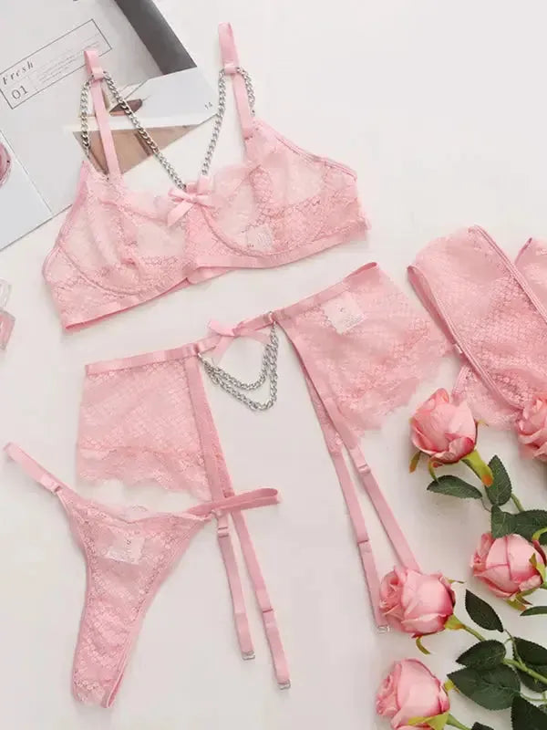 Lace 3 Piece Garter Lingerie Set - Fashionfitz