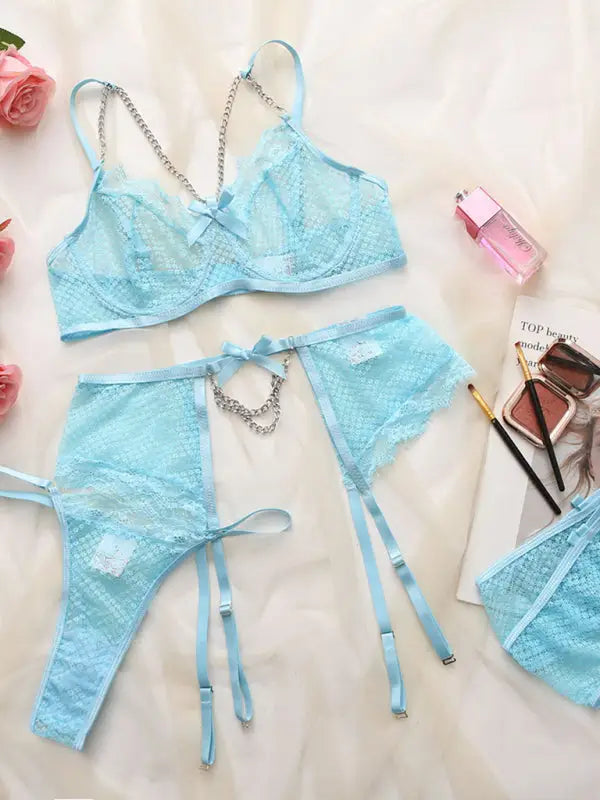 Lace 3 piece garter lingerie set - clear blue / s - sets
