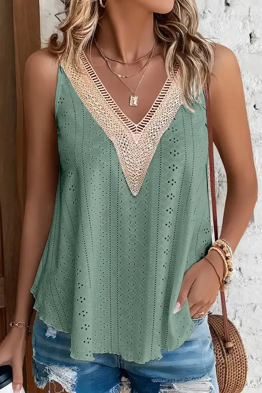 Lace crochet loose fit tank top - mist green / s / 95% polyester + 5% elastane - tops