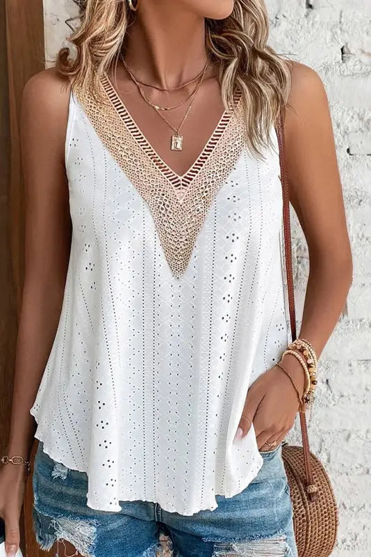 Lace crochet loose fit tank top - white / s / 95% polyester + 5% elastane - tops