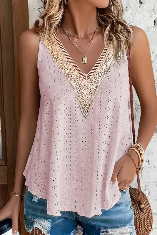 Lace crochet loose fit tank top - apricot pink / s / 95% polyester + 5% elastane - tops