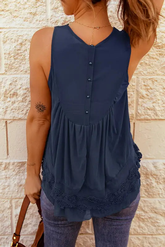 Brown lace detail buttons back sleeveless top - tank tops