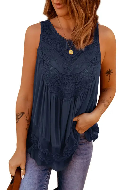 Brown lace detail buttons back sleeveless top - tank tops