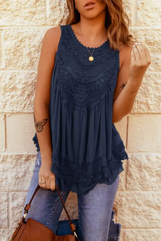 Brown lace detail buttons back sleeveless top - tank tops