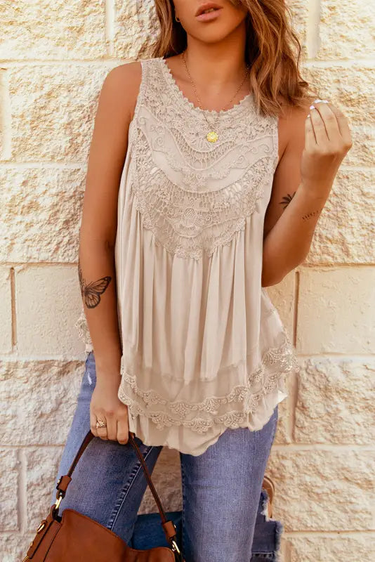 Brown lace detail buttons back sleeveless top - tank tops