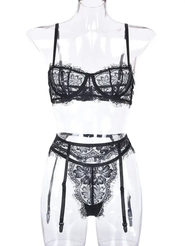 Lace dreams 3 piece garter set - lingerie - black / s - sets