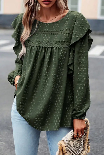 Blackish green lace eyelet ruffle shoulder long sleeve blouse - s / 100% polyester - tops