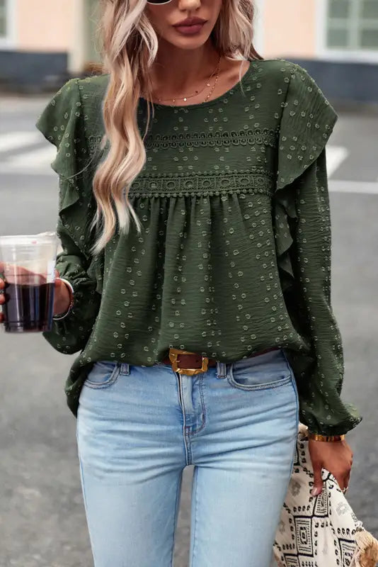 Blackish green lace eyelet ruffle shoulder long sleeve blouse - tops