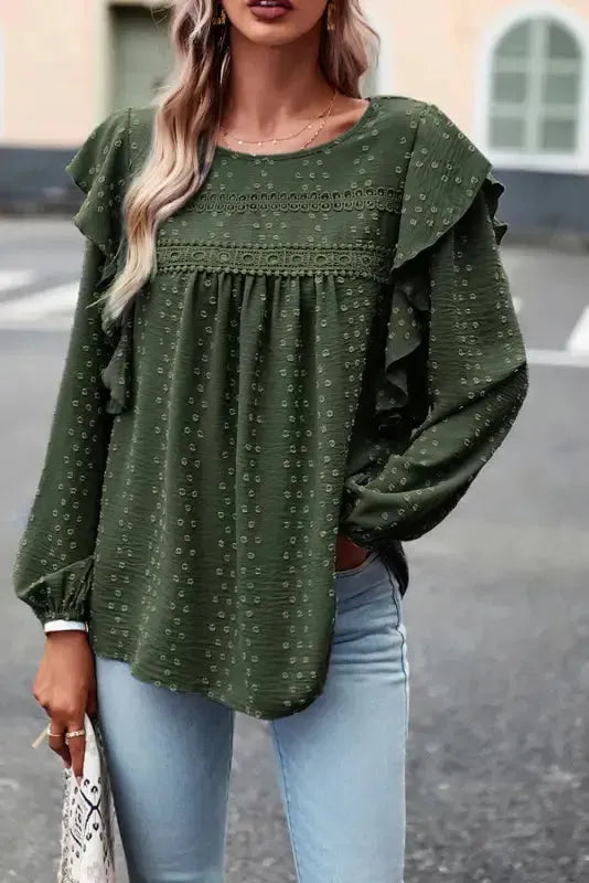 Lace Eyelet Ruffle Shoulder Long Sleeve Blouse - Fashionfitz