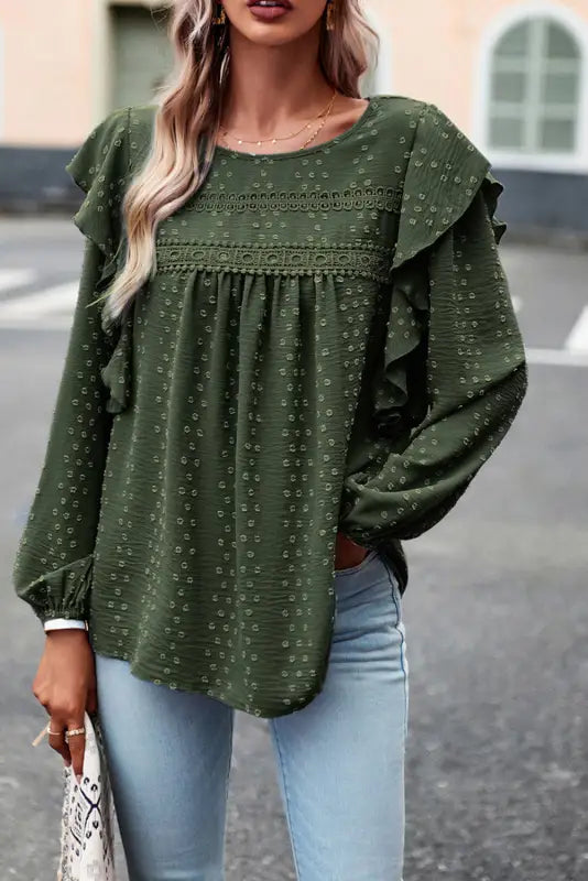 Blackish green lace eyelet ruffle shoulder long sleeve blouse - tops