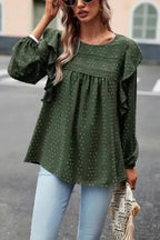 Lace Eyelet Ruffle Shoulder Long Sleeve Blouse - Fashionfitz