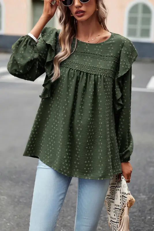 Blackish green lace eyelet ruffle shoulder long sleeve blouse - tops