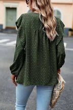 Lace Eyelet Ruffle Shoulder Long Sleeve Blouse - Fashionfitz
