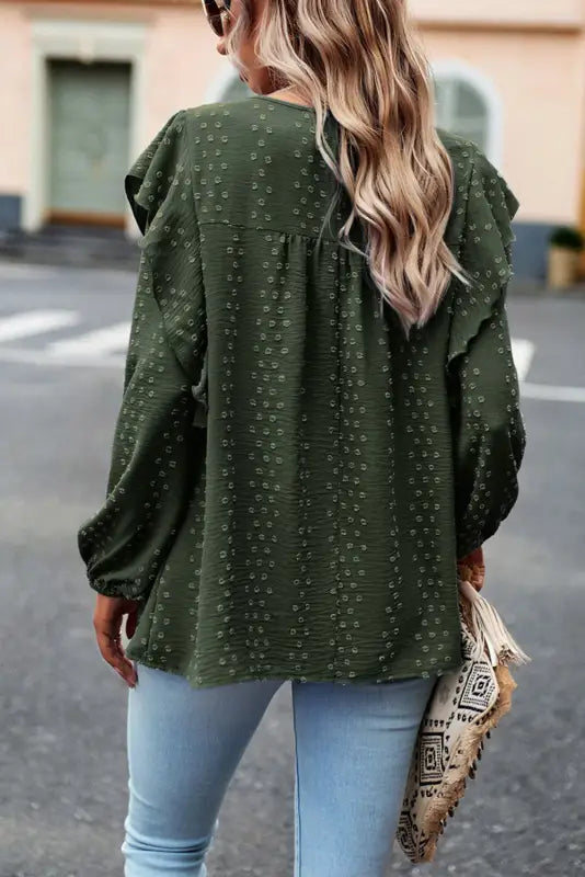 Blackish green lace eyelet ruffle shoulder long sleeve blouse - tops