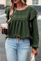 Lace Eyelet Ruffle Shoulder Long Sleeve Blouse - Fashionfitz
