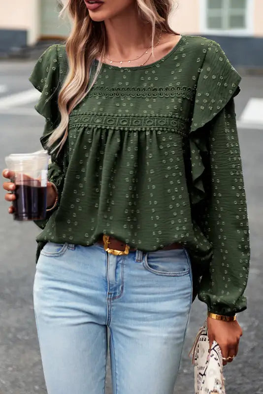 Blackish green lace eyelet ruffle shoulder long sleeve blouse - tops