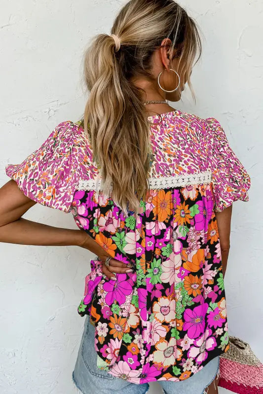 Lace floral blouse - rose red bubble sleeve - tops/blouses & shirts