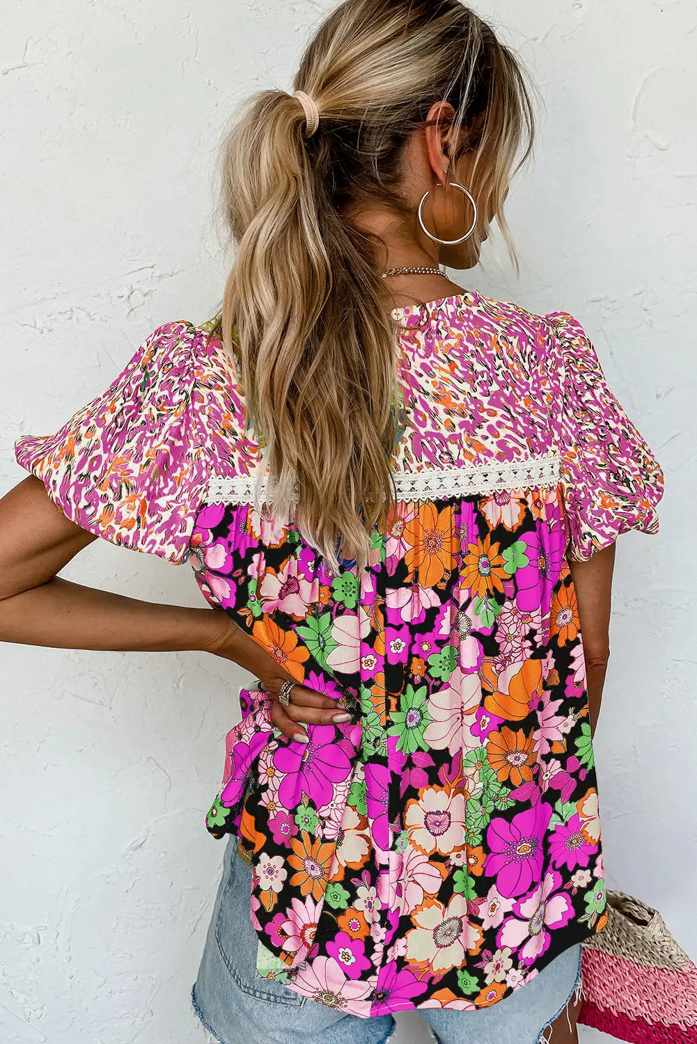 Lace floral blouse - rose red bubble sleeve - blouses