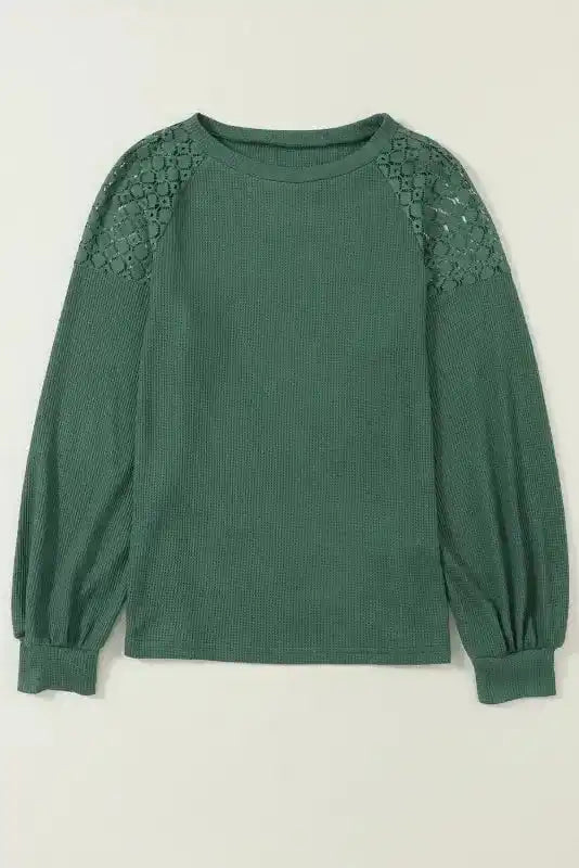Flat lay of Lace Sleeve Textured Top | Women Tops | FashionFitz showing full front design with lace shoulders and long sleeves.