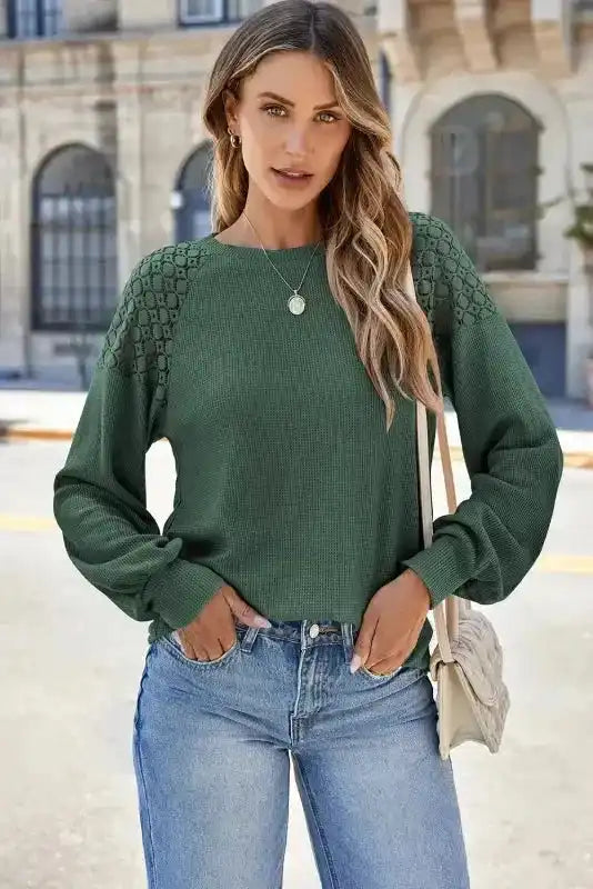 Model styling Lace Sleeve Textured Top | Women Tops | FashionFitz with jeans, perfect for casual or elegant autumn looks.