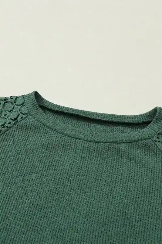 Detail of neckline and lace shoulder design on Lace Sleeve Textured Top | Women Tops | FashionFitz, highlighting elegant lace accents.
