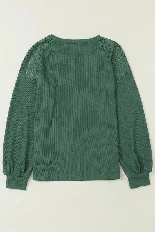 Flat lay back view of Lace Sleeve Textured Top | Women Tops | FashionFitz highlighting lace shoulder panels and textured knit.