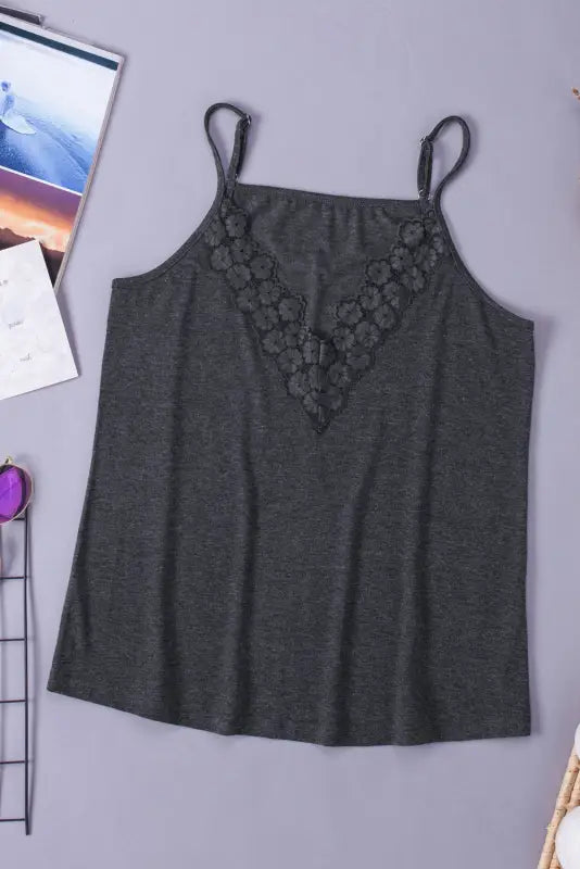 Black lace splicing v neck cami top - tank tops