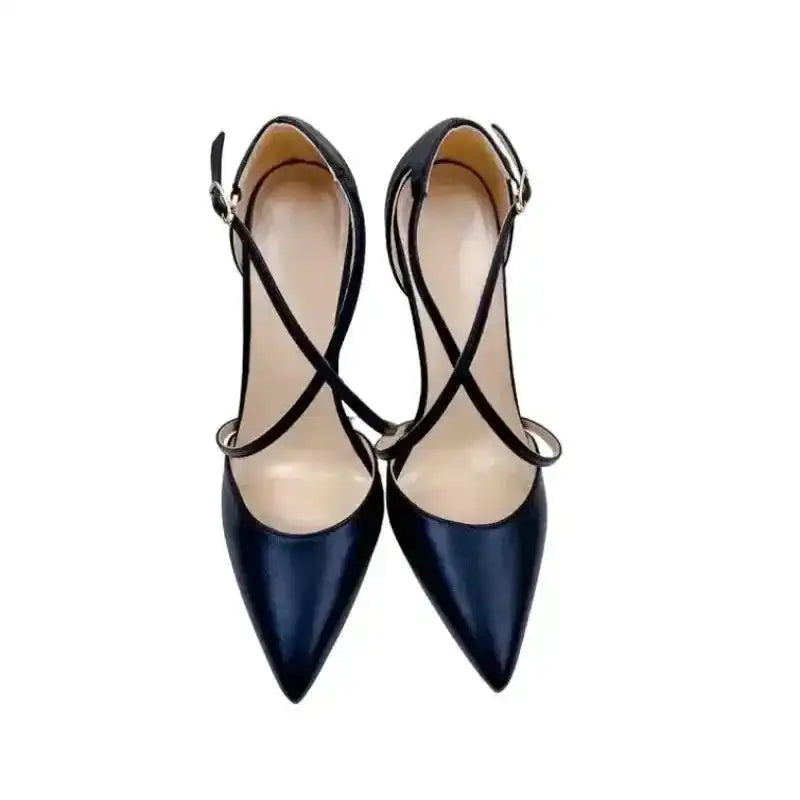 Top view of Black Lace‑Up High Heels – Sleek Stiletto Court Shoes showing elegant PU leather finish and crisscross strap design.