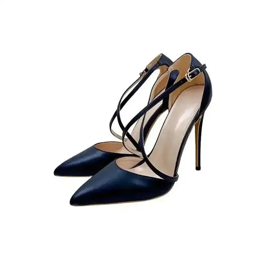 Angled view of Black Lace‑Up High Heels – Sleek Stiletto Court Shoes with gold buckle and high stiletto heel for formal events.