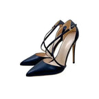 Angled view of Black Lace‑Up High Heels – Sleek Stiletto Court Shoes with gold buckle and high stiletto heel for formal events.