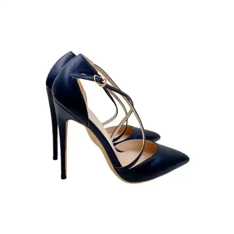 Rear side view of Black Lace‑Up High Heels – Sleek Stiletto Court Shoes showing slim heel and secure ankle strap design.