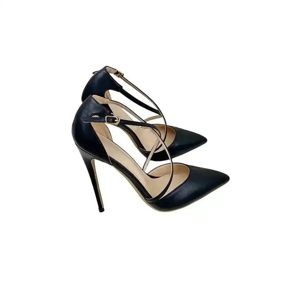 Black Lace‑Up High Heels – Sleek Stiletto Court Shoes with pointed toe and cross ankle straps, ideal for weddings or office wear.