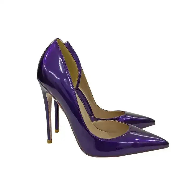 Glossy purple side air high heels with pointed toe and stiletto heel, perfect for elegant and bold fashion looks.