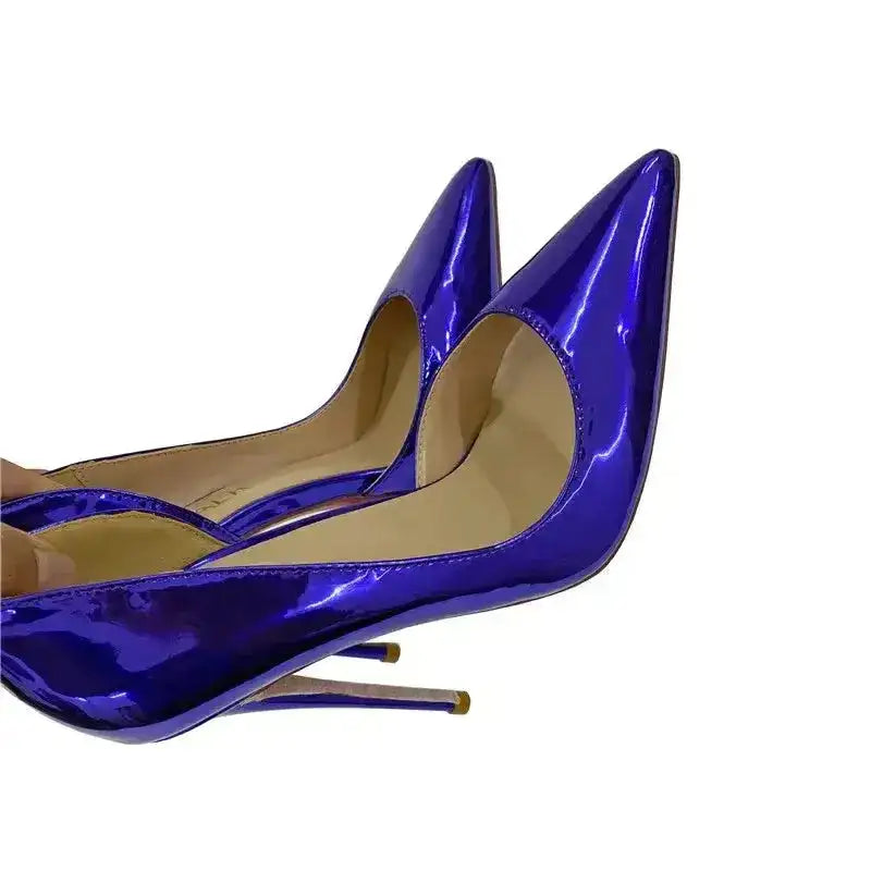 Close-up of blue lacquer leather side air high heels, highlighting the glossy finish and elegant stiletto heel.