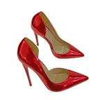 Glossy red lacquer leather high heels with pointed toe and side air design, ideal for stylish evening wear.